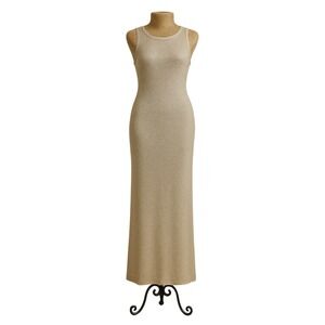 House of Harlow 1960 Knit Sequin Sleeveless‎ Maxi Dress Gold Beige Formal L